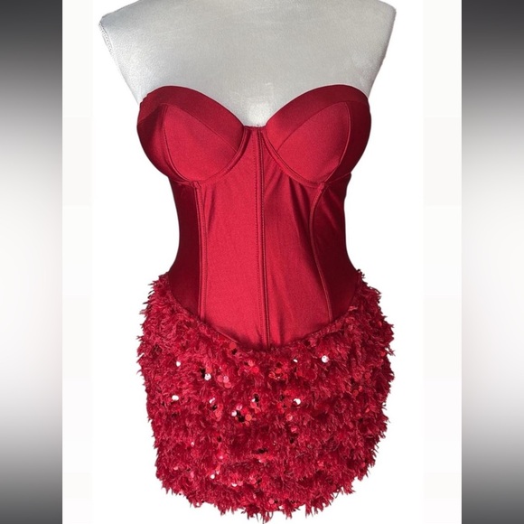 SHEIN Dresses & Skirts - Red sequin Metallic and Faux feather mini dress with corset top